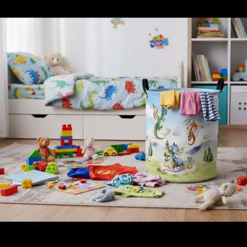 Image of Baby Laundry Basket Baby Nursery Hamper Kids Laundry Basket Toy Storage Bin for Boys Room Decor Gift Baskets for Bedroom Bathroom(Flying Dinosaur)