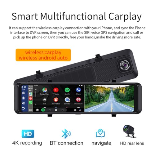XRC TECH Carplay Câmera veicular Android retrovisor 28.6 cm 4K + 1080P Câmeras duplas Bluetooth Funç