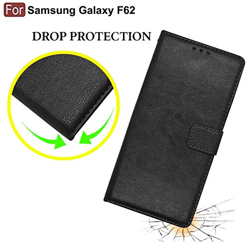 Image of CEDO Flip Cover for Samsung Galaxy F62 (4G) | Leather Finish | Inside Pockets & Inbuilt Stand | Shockproof Wallet Style Magnetic Closure Back Case Flipcover (Black)