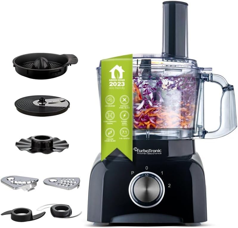 TurboTronic Procesador de Alimentos 800W, 6 Velocidades, Bol de 1.2L, Cuchillas de Acero Inoxidable, Diseño Compacto y Multifuncional para Cortar, Rallar, Mezclar y Batir