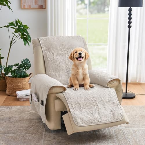 Image of Large Beige Recliner Chair Covers, Quilted Decor Water-Repellent Lazy Boy Chair Covers, Pet Friendly Large Recliner Cover for Dogs Cats, Washable Couch Cover (Recliner 30 inch, Beige Cream)