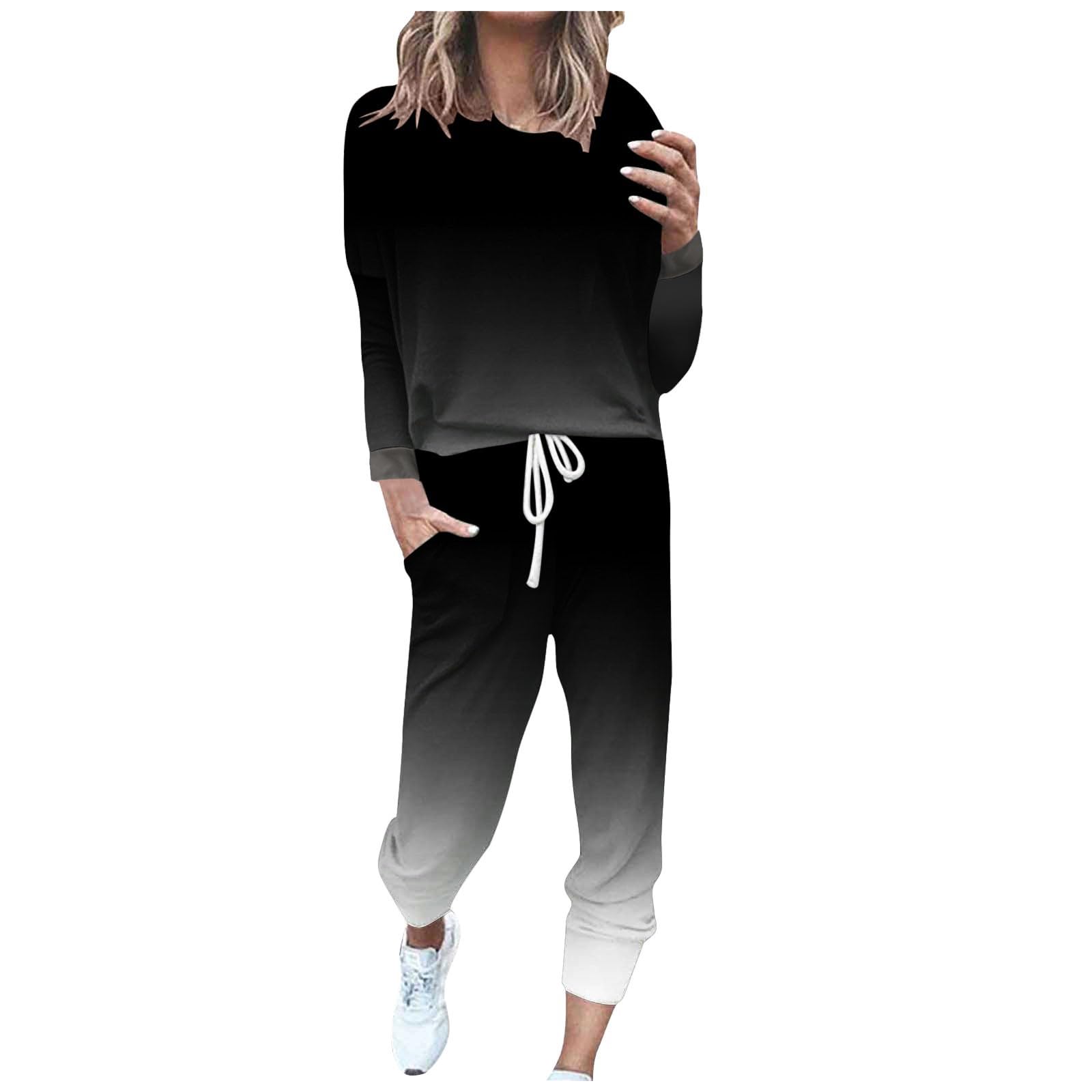 Miyaomn 2 Piece Outfits for Women Casual Long Sleeve Crewneck Sweatshirt and Jogger Pants Sets 2024 Gradient Color Loungewear