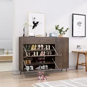 Bniture Engineered Wood Shoe Rack for Home with Metal Legs Strong, Sturdy and Stylish | Moisture & Termite Resistant (Front Size 3.2 x 4.4 Feet, Giant Wood & Frosty White) (Flower Wenge)