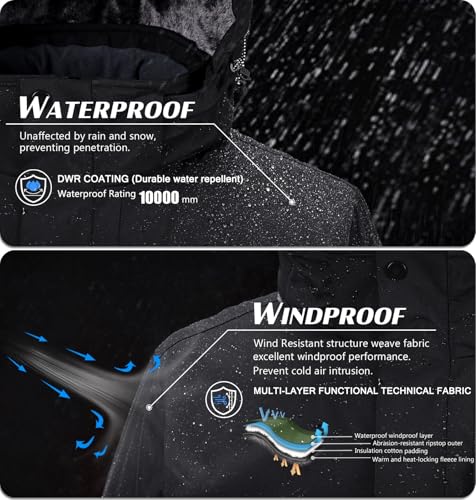 Image of Mens Skiing Jackets Winter Waterproof Snow Jackets Fleece Lined Insulated Heavy Parka Jackets Coats with Hoode