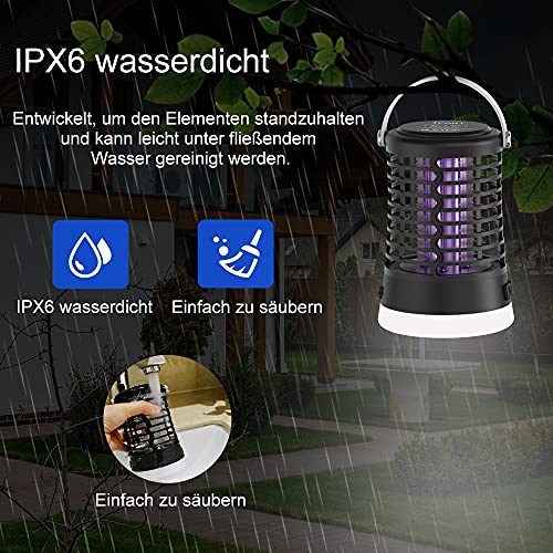 Insektenvernichter Elektrisch Mückenschutz Fliegenfalle, Wasserdicht IPX6, Mückenlampe mit USB-C Ladung für Camping Garten Balkon Schlafzimmer, Mückenfalle mit Aufhängehaken