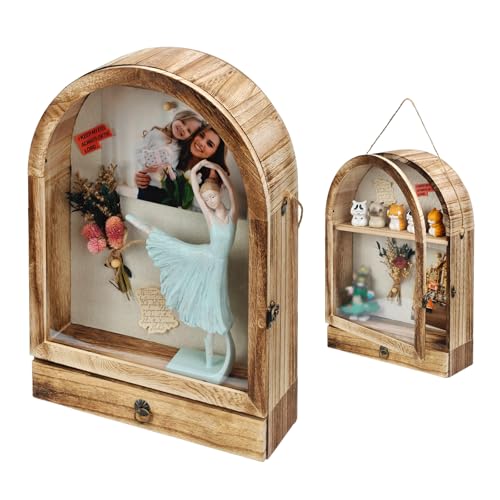 Umtiti Caja grande con cajones y estantes extraíbles, 28 cm x 40 cm, caja de recuerdos de madera marrón para recuerdos, vitrina decorativa con ranura para Navidad y ocasiones especiales, color marrón