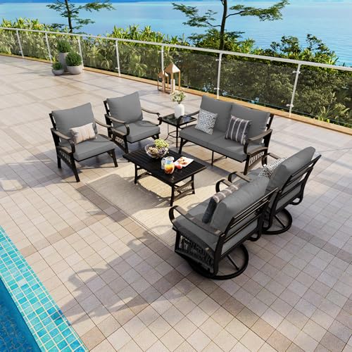 Image of 7 Pieces Patio Conversation Sets, All-Weather Metal Swivel Rocking Chairs with Rope Furniture Set, Outdoor Sofa Couch for Deck, Porch, Garden, Backyard, Poolside (Gray Cushions)