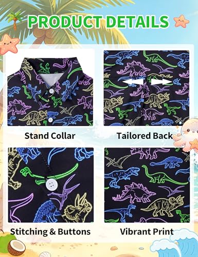 Image of Boys Hawaiian Shirt Kids Button Down Aloha Beach Hawaii Tops 5-14Y | Quick Dry, Breathable, Cooling & Lightweight, For Summer Vacation Holiday, Fourth of July, Youth, Teen, Shark, Dinosaur