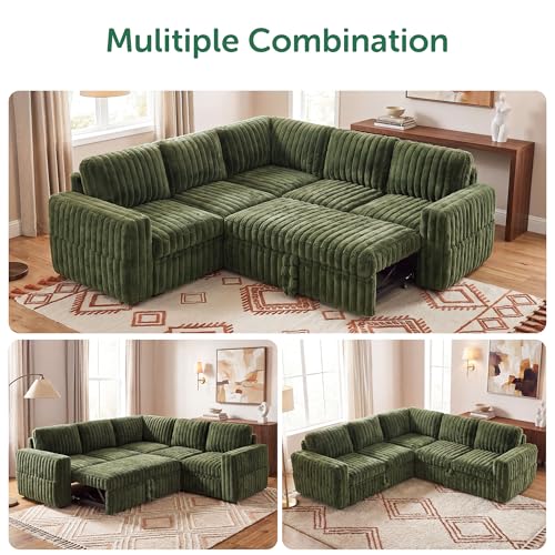 Image of HONBAY Plush Corduroy Modular Sectional Sofa with Pull Out Bed, Convertible L Shaped Couch with Storage,Sleeper Sectional Couches for Living Room,Plush Green