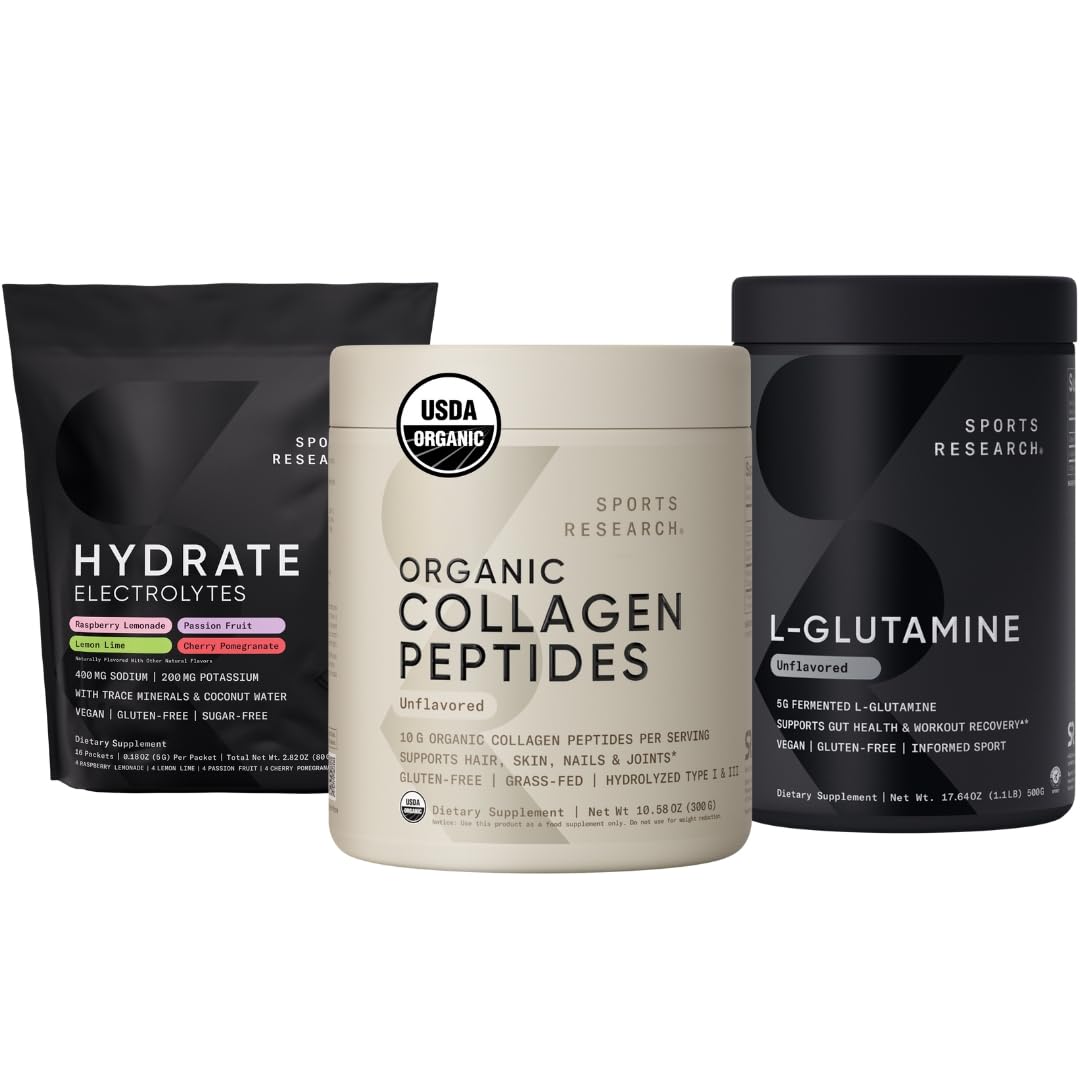 Sports Research Recovery Pack - Hydrate Electrolytes Powder Packets L-Glutamine Workout Recovery Immune Health Gut Health Support Organic