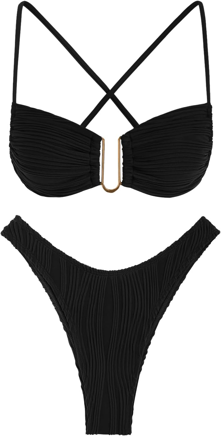 ZAFUL Women's Textured Underwire Bikini Set V Notch High Cut Swimwear Tie Side Ribbed Sexy Swimsuits