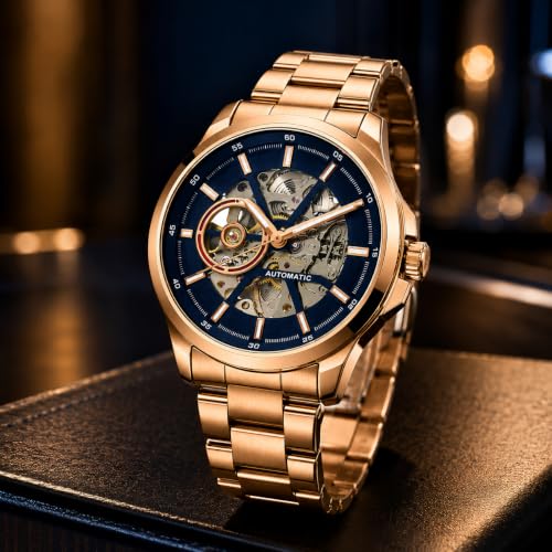 Image of Automatic Watches for Men Gold Watch Skeleton Analog Watch with Blue Dial, Mechanical Wrist Watch, Stainless Steel Chain Strap, Luxury Watches for Men, Classic Waterproof Timepiece