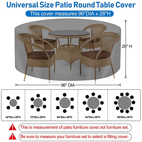 Paswith Outdoor Patio Furniture Covers Waterproof 600D Strong Tear Resistant Round Patio Table Cover, Patio Furniture Covers Windproof UV & Fade Resistant, For Patio Table And Chairs(96\"DIAx28\"H) - Thumbnail 2