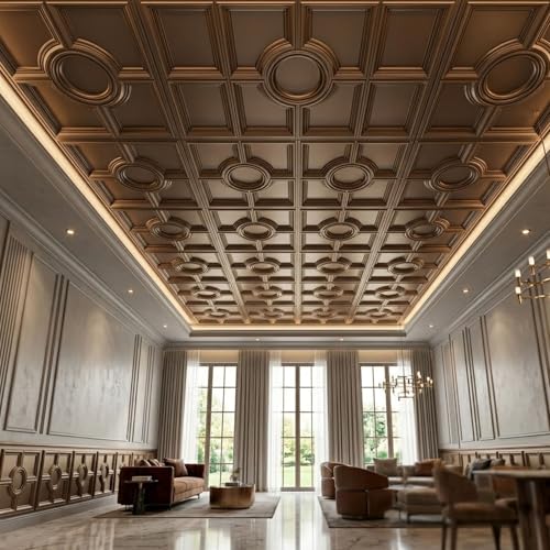 Image of Kayra Decor PVC Ceiling Panel 60x60 cm|Regal Medallion Design|Metallic Coffee|25 Tiles Cover 100 Sq Ft| Modern False Ceiling|Royal & Elegant Finish