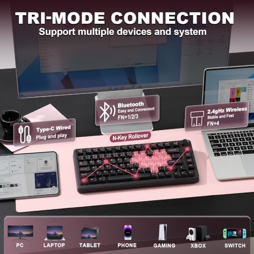 Image of YUNZII B75 PRO Wireless Mechanical Keyboard,75% Layout with Knob,Hot Swap Gasket Structure,Creamy Pre-lubed Switches,RGB Backlit,Bluetooth /Type-C /2.4G for Win /Mac (Black Heart, Cocoa Cream V2 Switch)