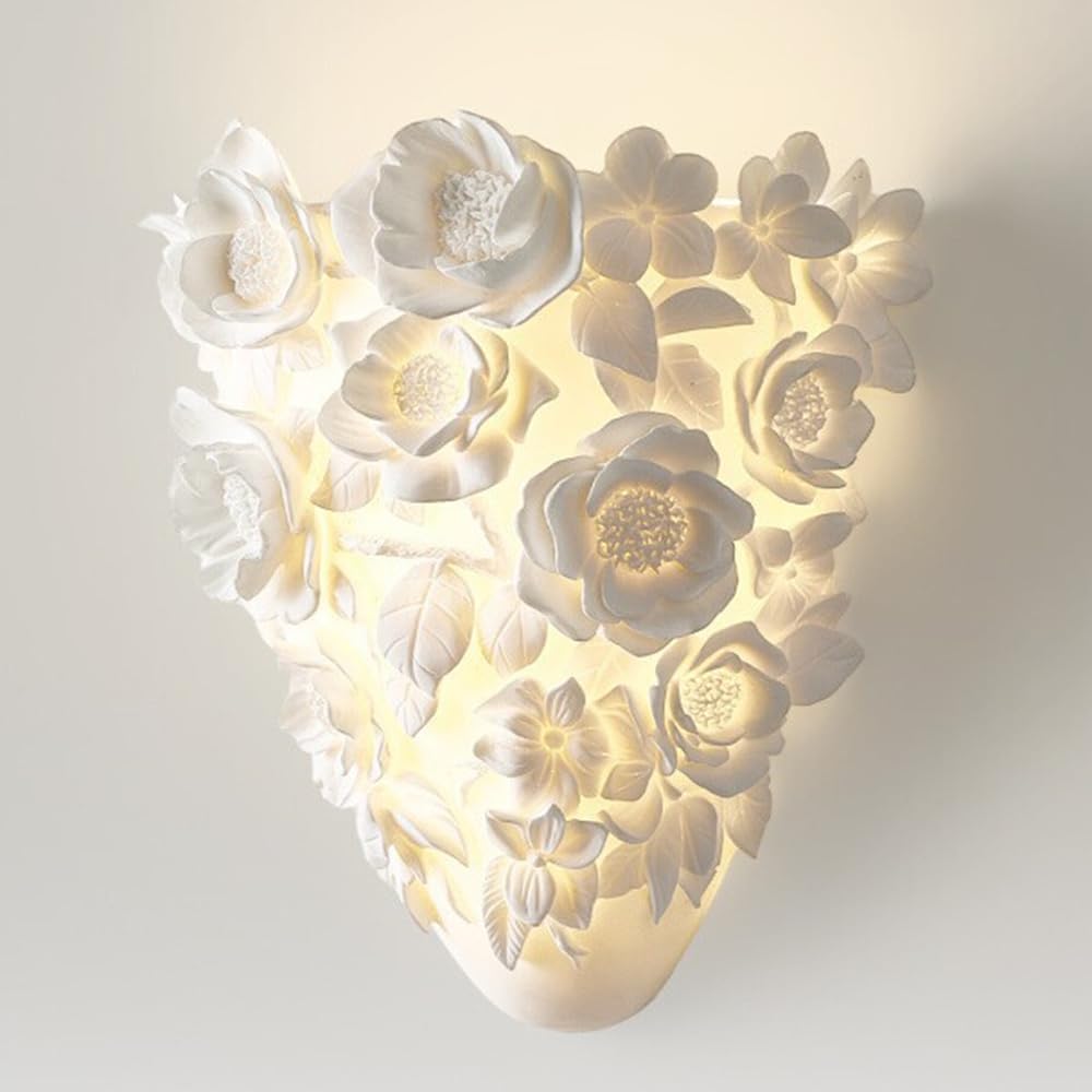 OZBMA White Resin Wall Lamp Carved Rose Shade French Style Porch Aisle Sconces Bedroom Atmosphere Decor Set of 1 Mount Sconce for Hotel Bedroom,Guest Room,Staircase