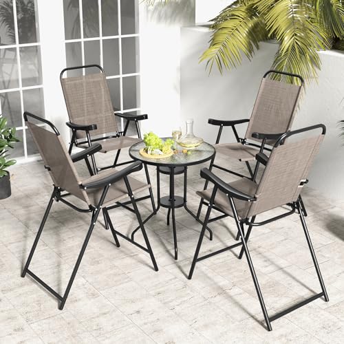Image of COSTWAY 4 Pieces Patio Folding Bar Chairs with Metal Frame, Footrest, Arms