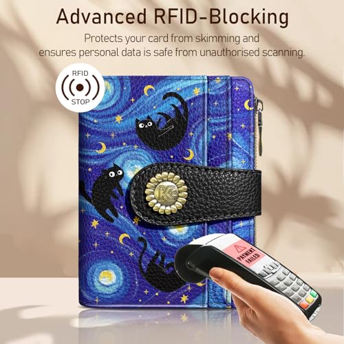 Image of Kelvoris Black Cat Bohemian Small Rfid Women Wallet Zipper Coin Pocket | Vintage Bifold PU Leather Compact Cash Credit Card Holder Travel Purse for Female Ladies Teen Girls 1 ID Window 10 Card Slots