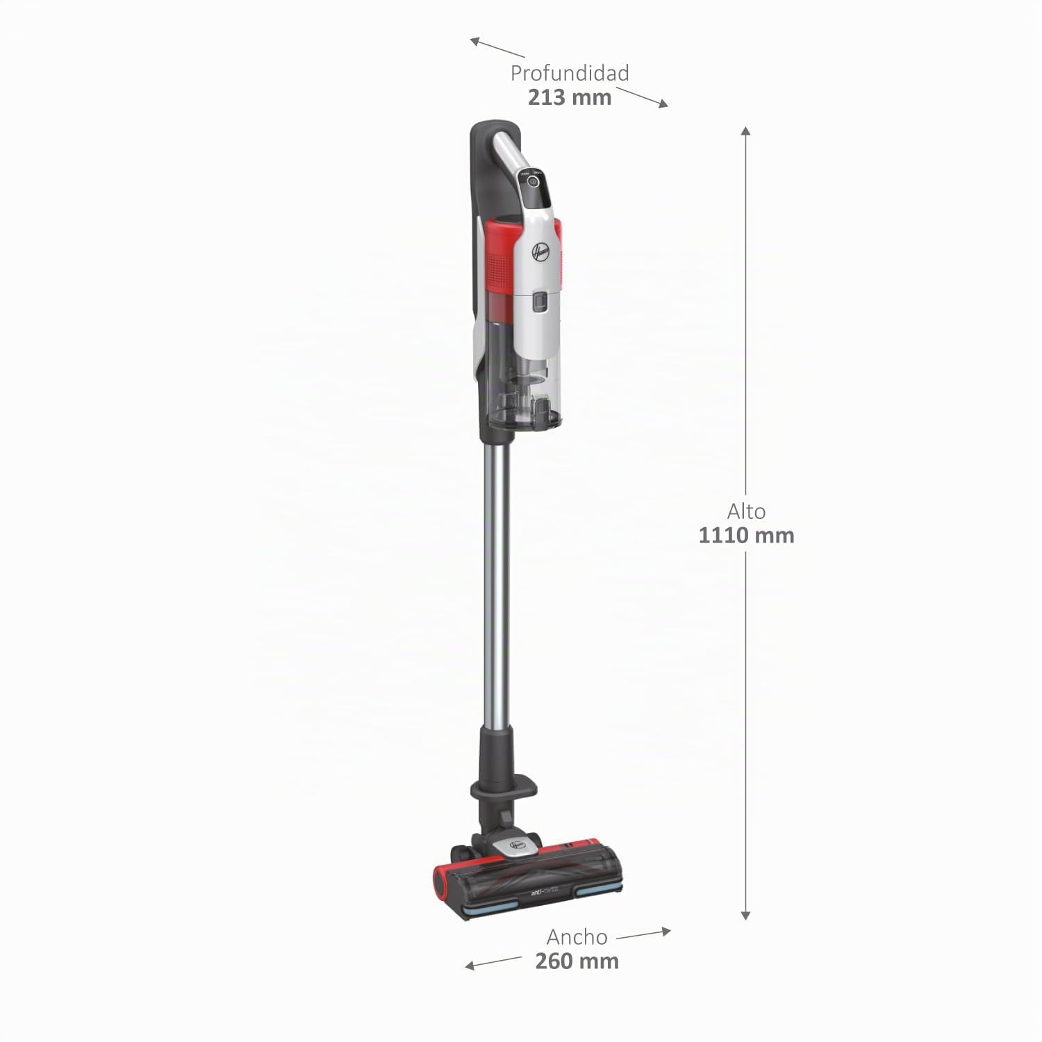 Hoover HF9 Home HF910H, Aspiradora Escoba sin Cable, sin Bolsa, 3 en 1, Escoba, de Mano y Vertical, Cepillo Antienredos, Autonomía 30 min, Color Gris/Rojo