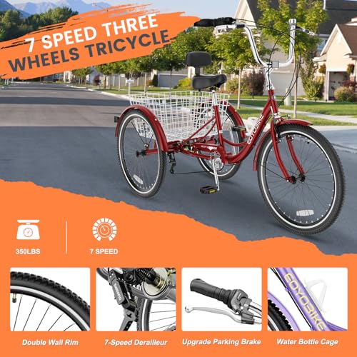 Image of Adult Tricycle, 7 Speed Adult Trike, 20 /24 /26 inch 3 Wheel Bike with Basket | Low Step-Through Frame, Wide Seat with Backrest, 350 lbs Capacity, Tricycle for Adults, Seniors, Women and Men