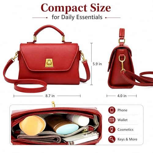 Image of Crossbody Bag for Women Shoulder Handbag PU Leather Satchel Purse with Top Handle Gold Turn Lock Adjustable Strap