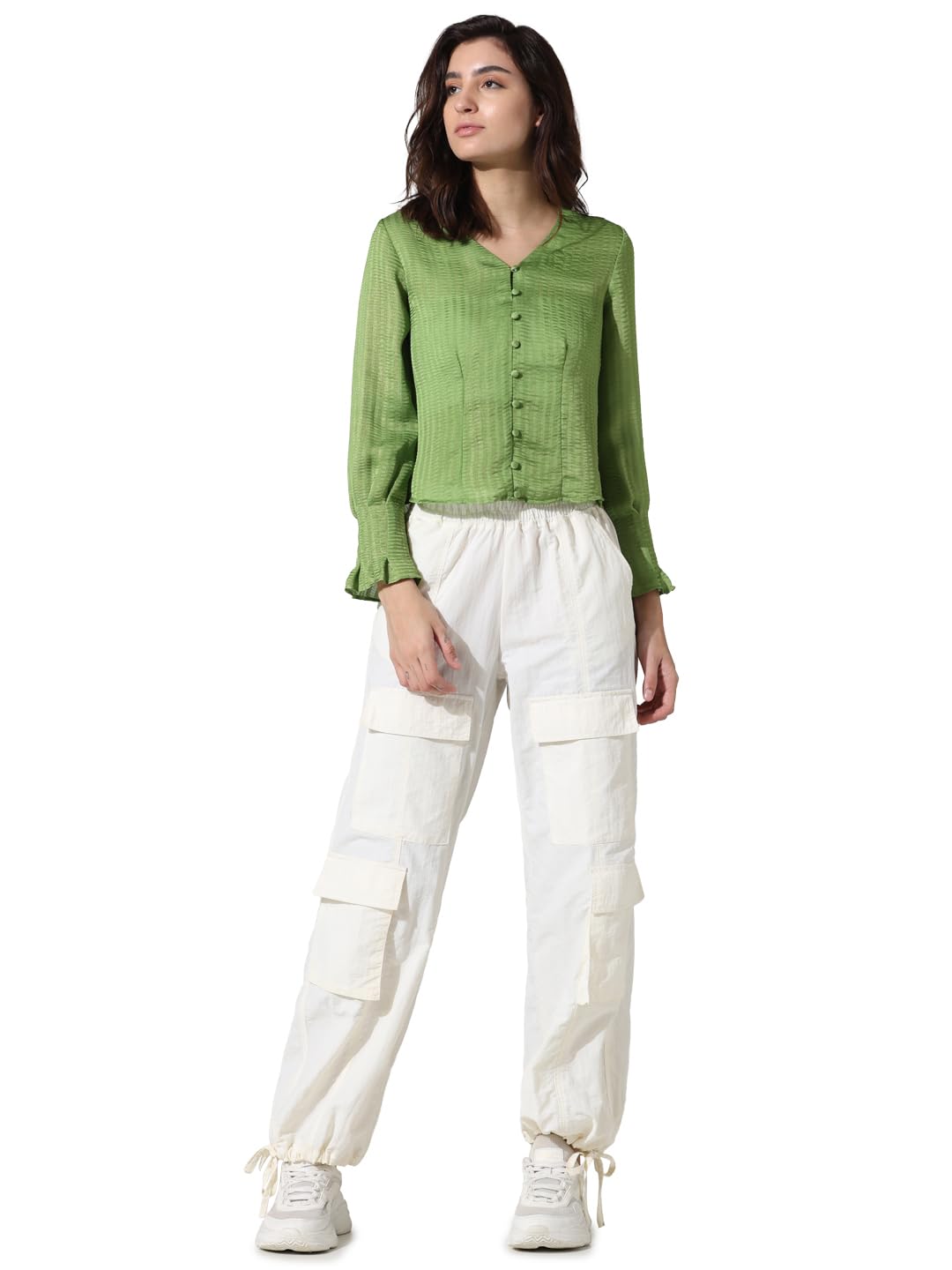 only Women Polyester Regular Self Design V-Neck Puff Sleeves Shirt Style Top-picture-16