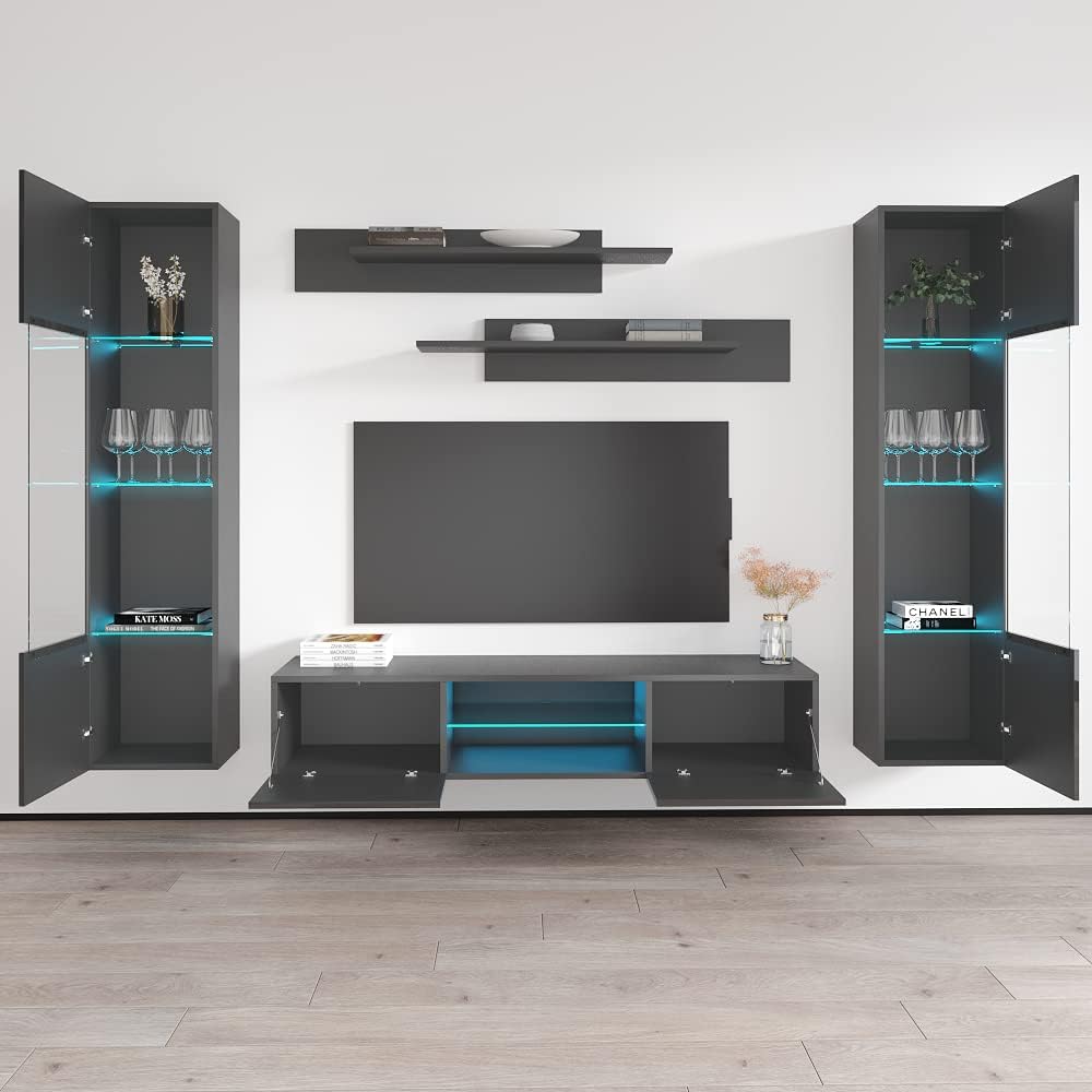 Meble Furniture Fly AB2 33TV Stand Wall-Mounted Entertainment Center — Floating Modern TV Console with Storage Shelves and LED Lights, 65.4 x 15.7 x 18.1 in — Grey