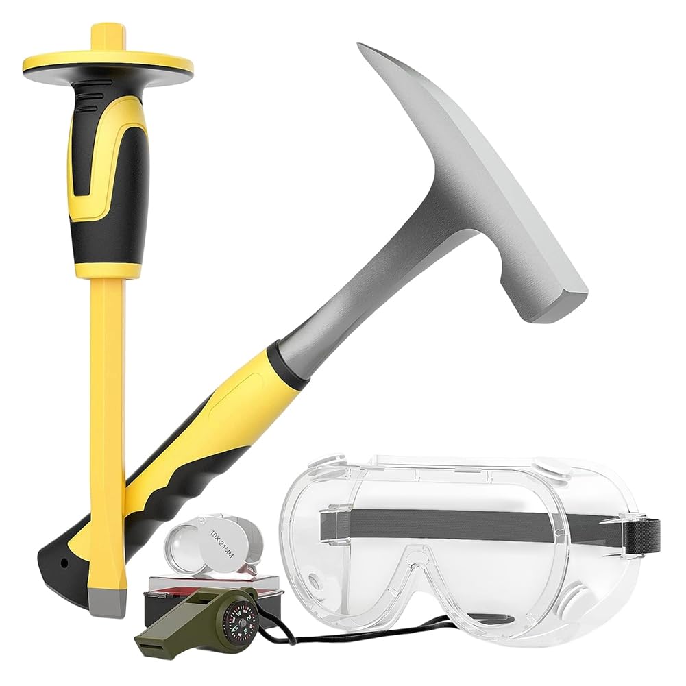 Juego de 5 Piezas Kit de Herramientas para Geología Martillo para Rocas 32 Oz con Cincel Gafas de Seguridad y Silbato