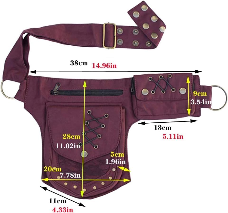 Waist Pack, Renaissance Bag for Women, Maroon Canvas Waist Bags, Thigh Bag with Multiple Pockets, Adjustable Hip Belt Bag for Travel, Work, School, Festival Party - Image 2
