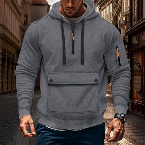 Mens Cargo Hoodies Casual Quarter Zip Tactical Hooded Sweatshirts Workout Fitness Pullover Tops with Flap Pockets2