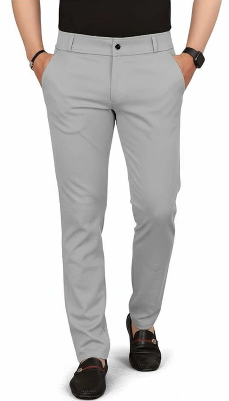 Mehrang Men's Slim Fit Casual Mid Rise Trousers, Cotton Blend, Side Pockets || Classic Slim Fit Chino Pants || Business Casual Dress Trousers (in, Alpha, XL, Regular, Light Grey)