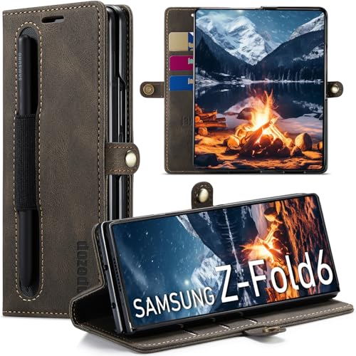 Housse cuir Z Fold 6 café pour regarder vos vidéos en voyage avec porte-carte