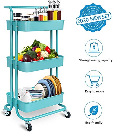 Carro de almacenamiento u0096 3 niveles de metal Rolling Utility Organizer Rack, Craft Art Cart, organizador multiusos, carro de servicio para oficina, baño, cocina, habitación infantil, lavandería, azul