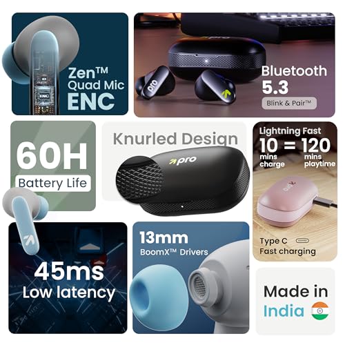 GOBOULT Y1 Pro Ear Buds Wireless 60H Playtime, 4 Mics Calling, 45ms Low Latency Gaming, Made in India,13mm Bass Driver Earbuds Buds TWS Bluetooth Wireless Earphone view 2