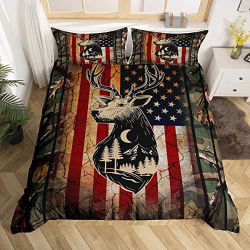 Homemissing Camo American Flag Sets de Housse de Couette Army Camouflage USA Flag Housse de Couette Cerf Antlers Parure de Lit 140x200cm Village Chasse Parure Housse de Couette Camping Couette
