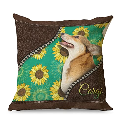 Corgi - Funda de cojín con diseño de girasoles, perro, patchwork, de lino, con cremallera oculta, para decoración del hogar, multicolor, 45 x 45 cm Cover