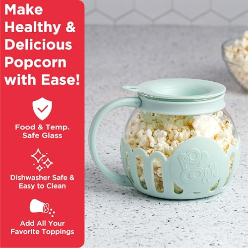 Ecolution Patented Micro-Pop Microwave Popcorn Popper with Temperature Safe Glass, 3-in-1 Lid Measures Kernels and Melts Butter, Made Without BPA, Dishwasher Safe, 1.5-Quart, Aqua