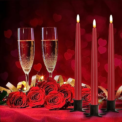 Image of CVHOMEDECO. Flameless Taper Candles with 10-Key Remote, Battery Operated Led Flickering 3D Wick Window Candles Real Wax Finished Home Christmas Party Decor 0.78 x 11 Inch, Pack of 3, Red