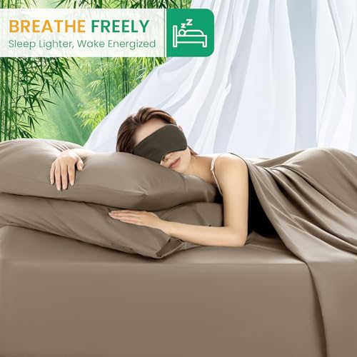 SONORO KATE 100% Viscose Derived from Bamboo_Sheets Full Size, Ultra Breathable & Cooling Bed Sheets for Hot Sleepers, Hotel Luxury Silky Bedding Sheets, 16" Deep Pocket - 4PC (Simply Taupe,Full)