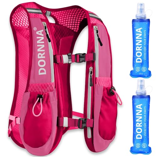 DORNNA Ultra Terra V2 - Chaleco Hidratación Trail Running + 2 Soft Flask 500ml de Regalo, Mochila de Correr Hombre y Mujer, Bolsillo Trasero para Vejigas de hasta 1.5L. (Rosa + 2 Soft Flask 500 ML)