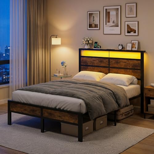 Image of Full Size Metal Bed Frame with Storage Headboard, LED Lights