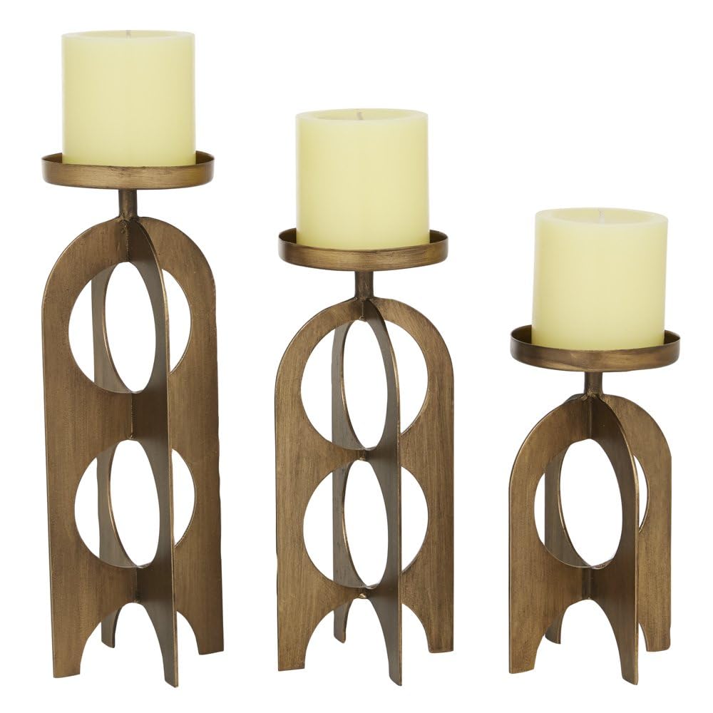 Candlestick Holder 3 Candle Gold Metal Handmade Pillar Holder, Set of