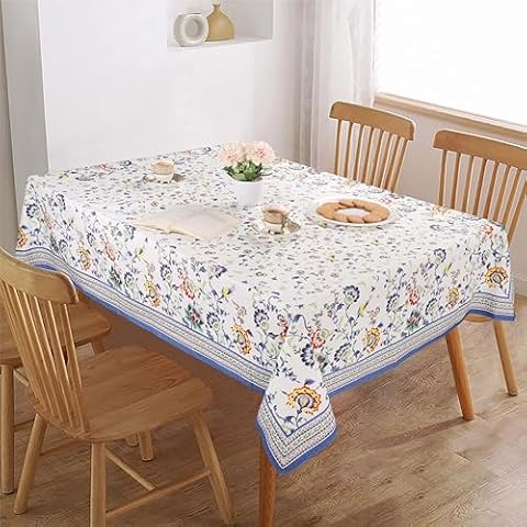 FINGERCRAFT Tablecloth 100% Cotton Floral Table Cover Washable Decorative Linen for Home Camping Outdoor Picnic Dining Table 54 x 72 Inch Blue Floral Cover