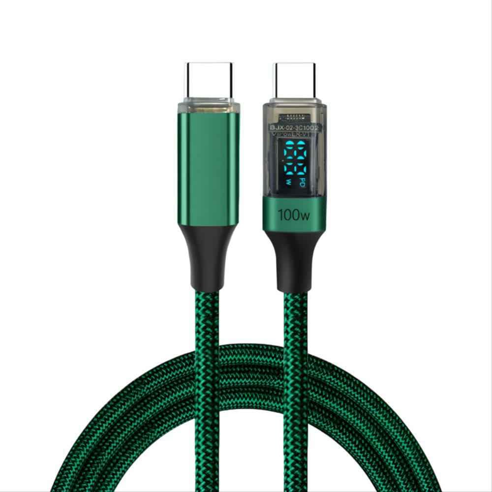 USB C ケーブル 100W/5A LEDディスプレイ付き【緑 1M】 タイプCケーブル PD急速充電 typec ナイロン編み Phone 15，16/15，16 Pro/15，16 Plus、MBook Air/Pro 13"、Galaxy、SwitchなどのUSB-C機種対応 （1個）