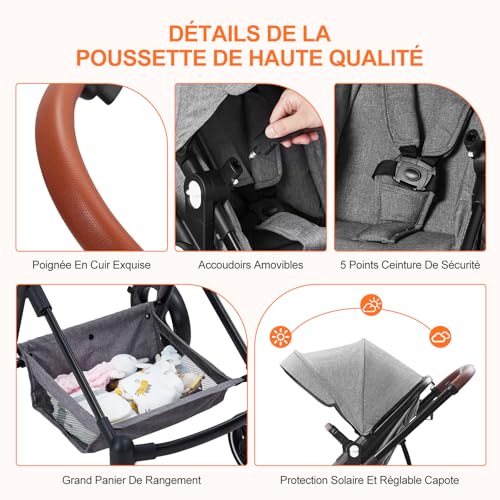 Cochecito 2 en 1, compacto y ligero, plegable, con asiento reclinable, capazo ajustable, para todo tipo de terrenos, 0-3 años (Gris) - imagen 6