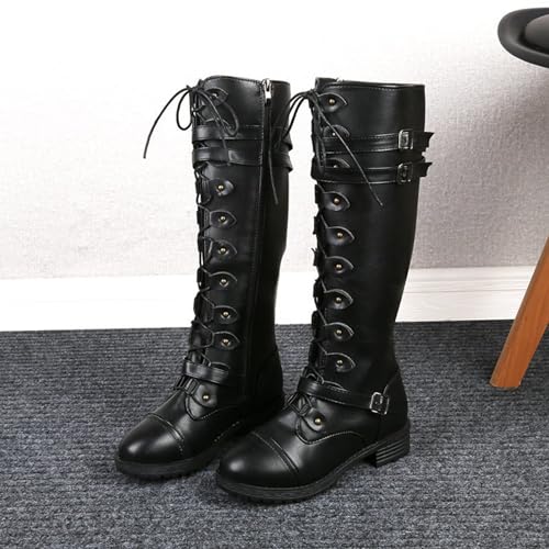 Traveltopp Women's Leather Lace-Up Knee Boots Fashion Studded Ankle Strap Trim Low Heel Knight Boots Winter Side Zipper Punk Combat Boots3