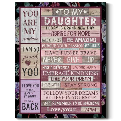 Gardenia Art To My Daughter Inspirational Wall Art Today Is New Day Canvas Picture Gifts from Mom Prints Artwork Positive Quotes Wall Decor Framed for Girls Room Bedroom Home Walls Décor, 11"x14"x1Pcs