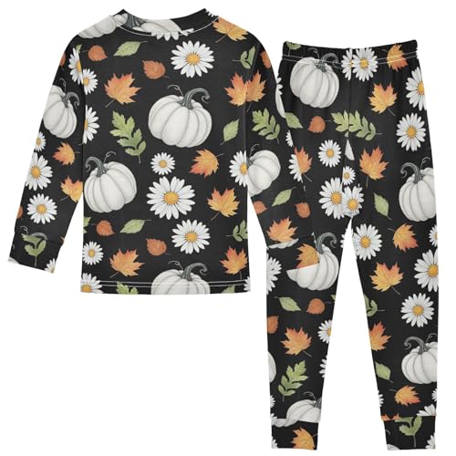 Pajama Sets Long Sleeve White Pumpkin Floral Leaves Soft Comfy Sleepwear 2 Piece PJS 3-8T3
