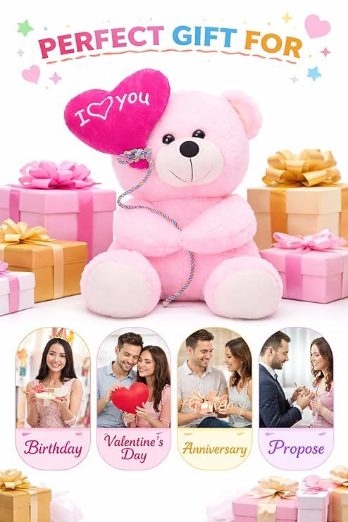 Image of ZEXSAZONE I Love You Heart Balloon Teddy Bear Soft Toy | Cute Plush Teddy with Love Message Balloon | Romantic Gift for Girlfriend, Wife, Boyfriend | Valentine, Anniversary & Birthday Gift.