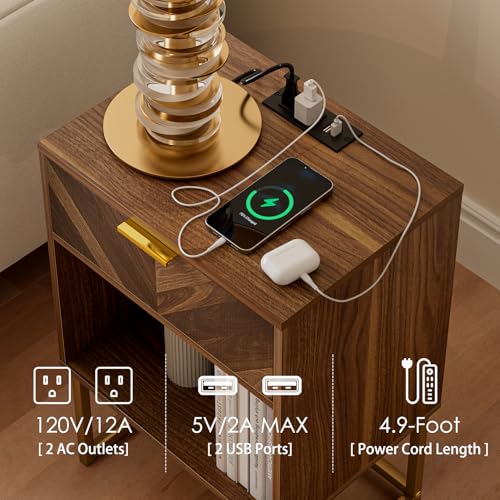 Image of Masupu Nightstand with Charging Station,Modern Night Stand Boho Farmhouse Wood Bedside Table with Storage Drawer Side End Table for Bedroom,Living Room,Office,Walnut Brown with Outlet